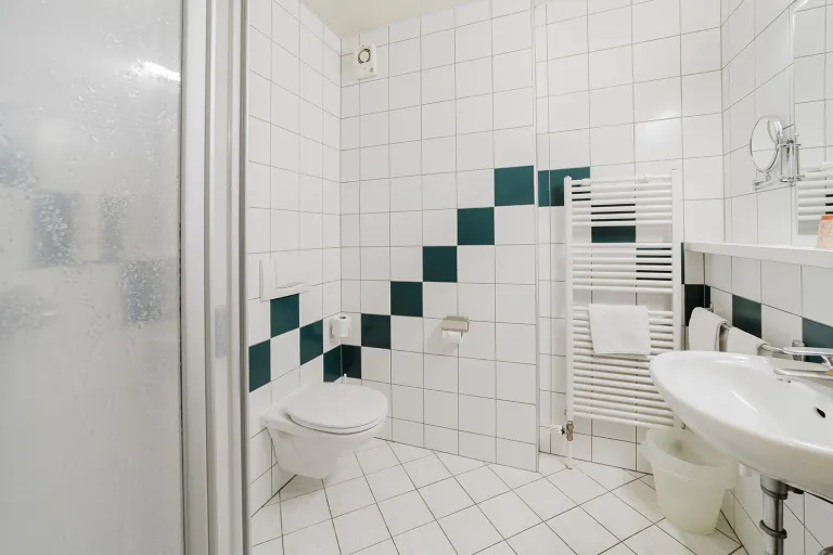 Badezimmer mit grün-weißen Fliesen, Dusche und WC im Motel Baden