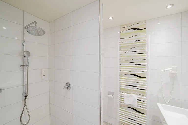 Dusche mit Glaswand und Mosaikstreifen im Motel Baden
