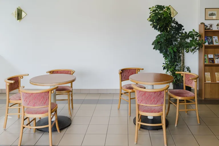 Eingangsbereich mit Tischen und Pflanzen im Motel Baden