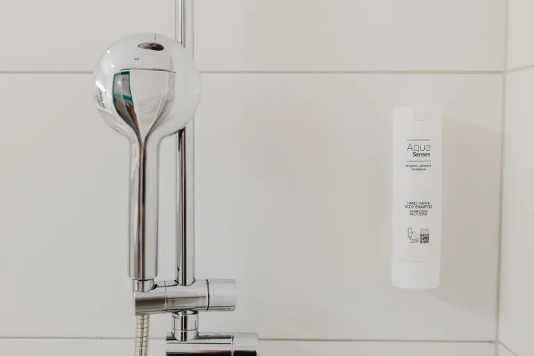 Regenduschkopf und Seifenspender im Motel Baden