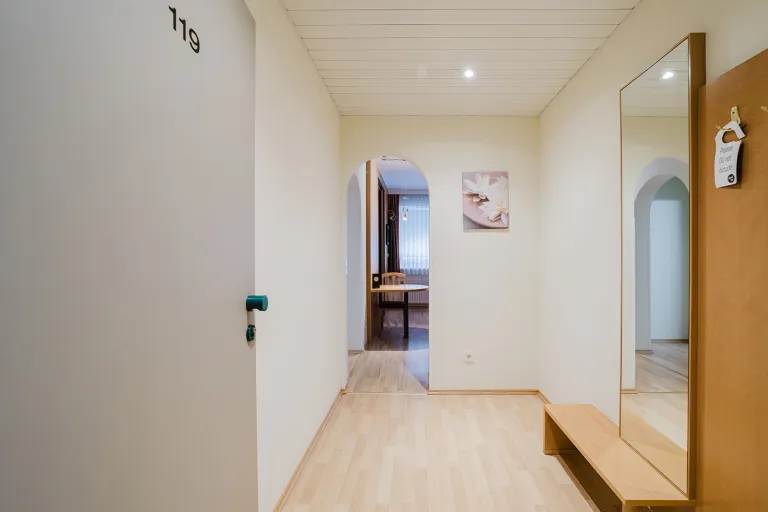 Vorraum mit Garderobe und Spiegel, Blick ins Zimmer im Motel Baden